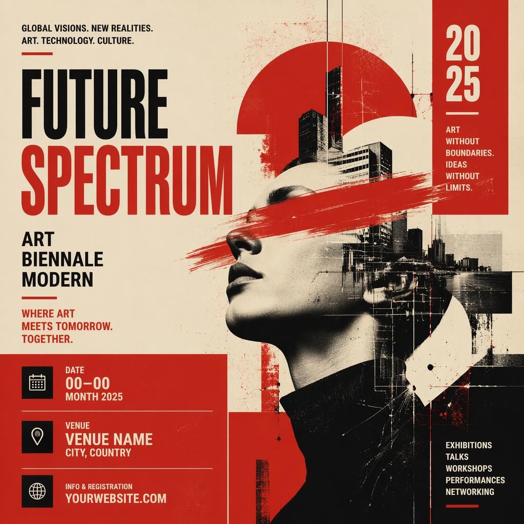Modern editorial event poster for an art biennale tech conference in cream and red with bold typography placeholders.