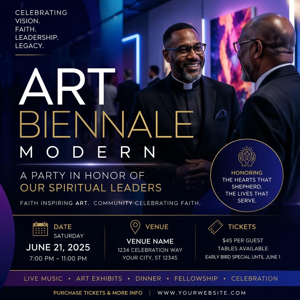 Photographic event poster with neon blue and purple overlay, modern art biennale party styling, and sharp English placeholder text.