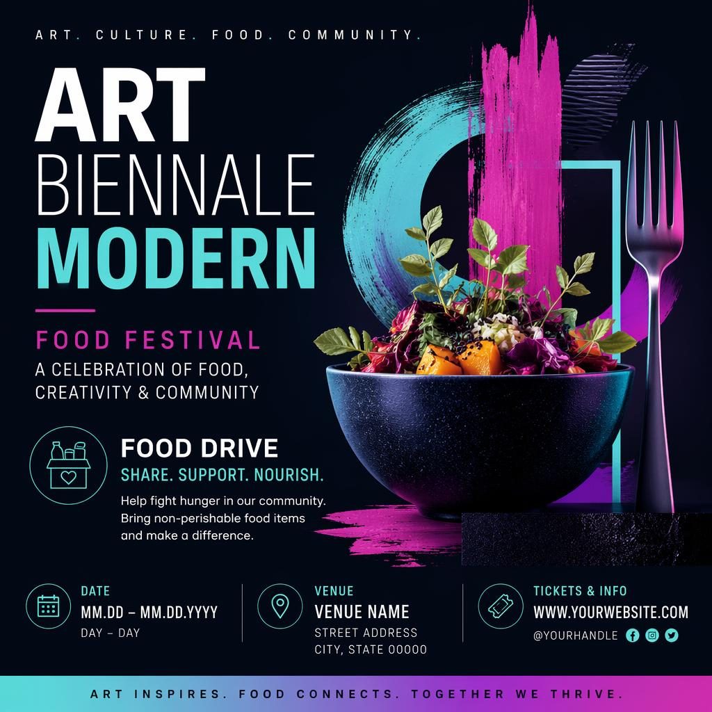 Modern editorial event poster for a food festival with cool neon colors, sharp English placeholder text, and formal print-ready layout.