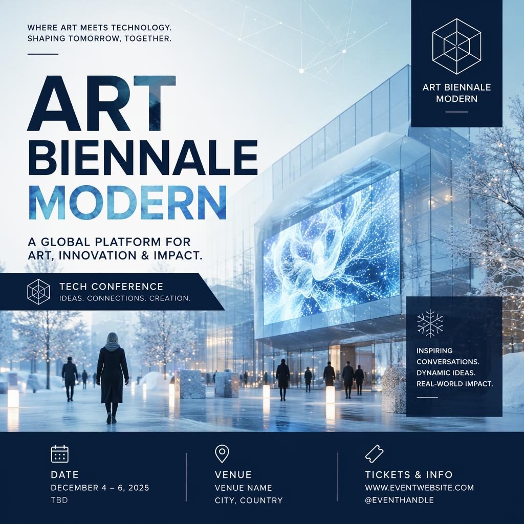 Photographic event poster for a modern art biennale tech conference with winter ice palette, festive overlay, and readable placeholder text.