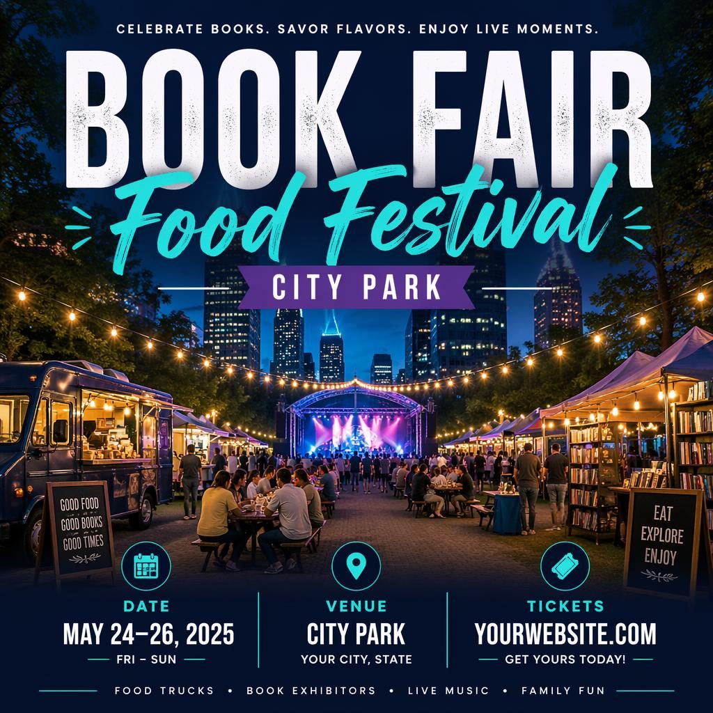 Photographic event poster for Book Fair City Park with cool neon tones, food festival imagery, and clean date venue text.
