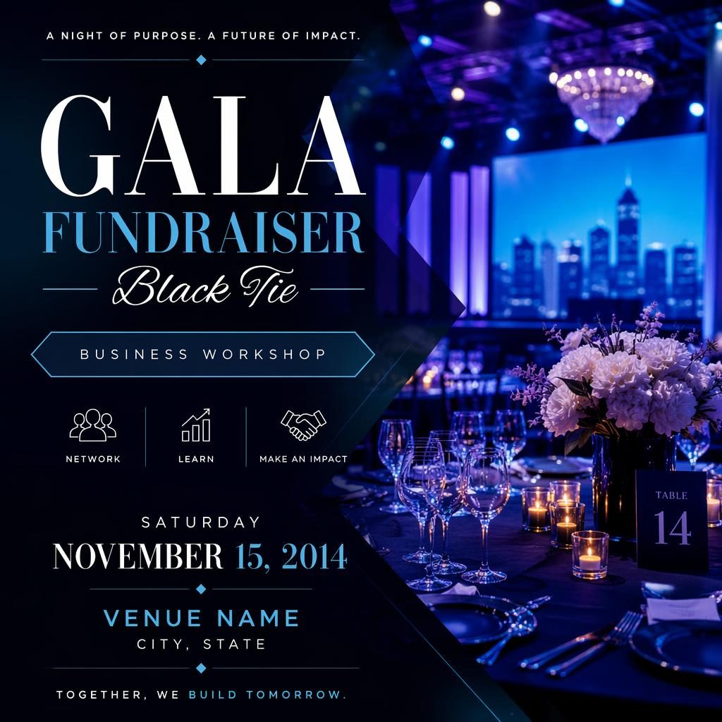 Photographic event poster for a black-tie gala fundraiser with cool neon tones, formal overlay text, and venue placeholders.