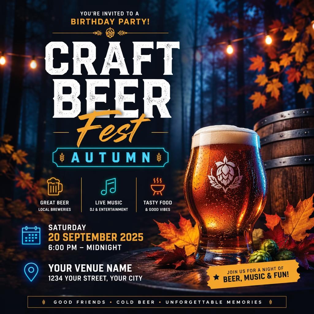 Affiche photo pro d’un festival de bière artisanale d’automne, palette néon froide, texte date et lieu lisible en anglais