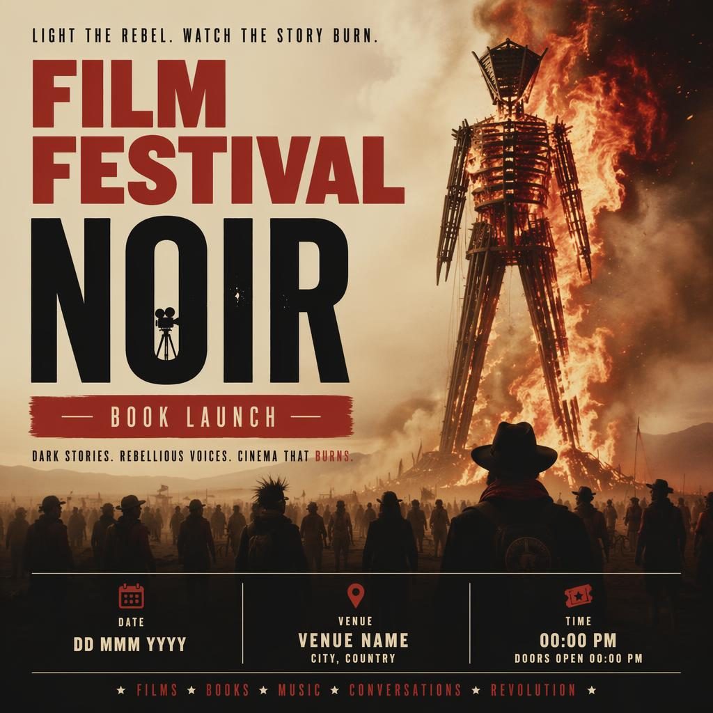 Photographic event poster with film noir mood, vintage cream and red overlay, bold rebellious styling, and clean placeholder text.