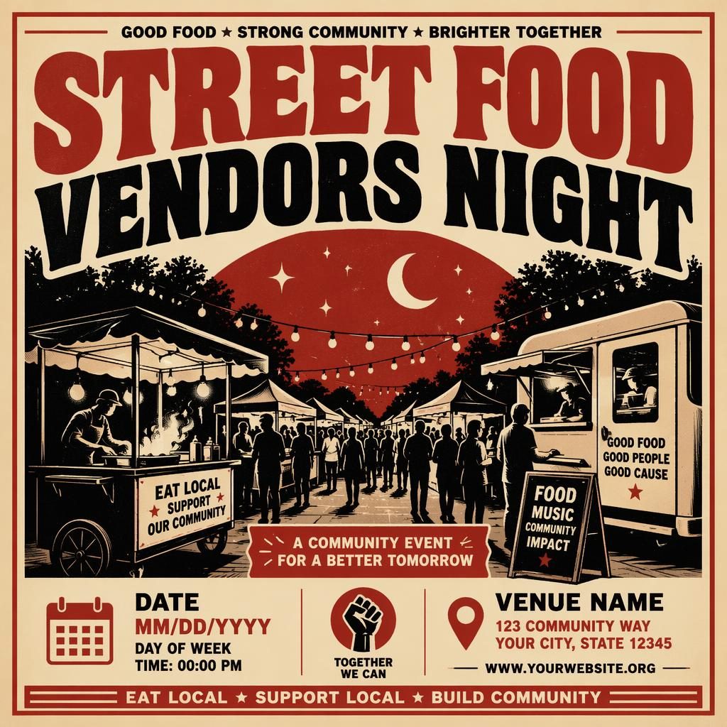Vintage 1960s-style event poster for a street food vendors night charity event in cream and red with bold typography.