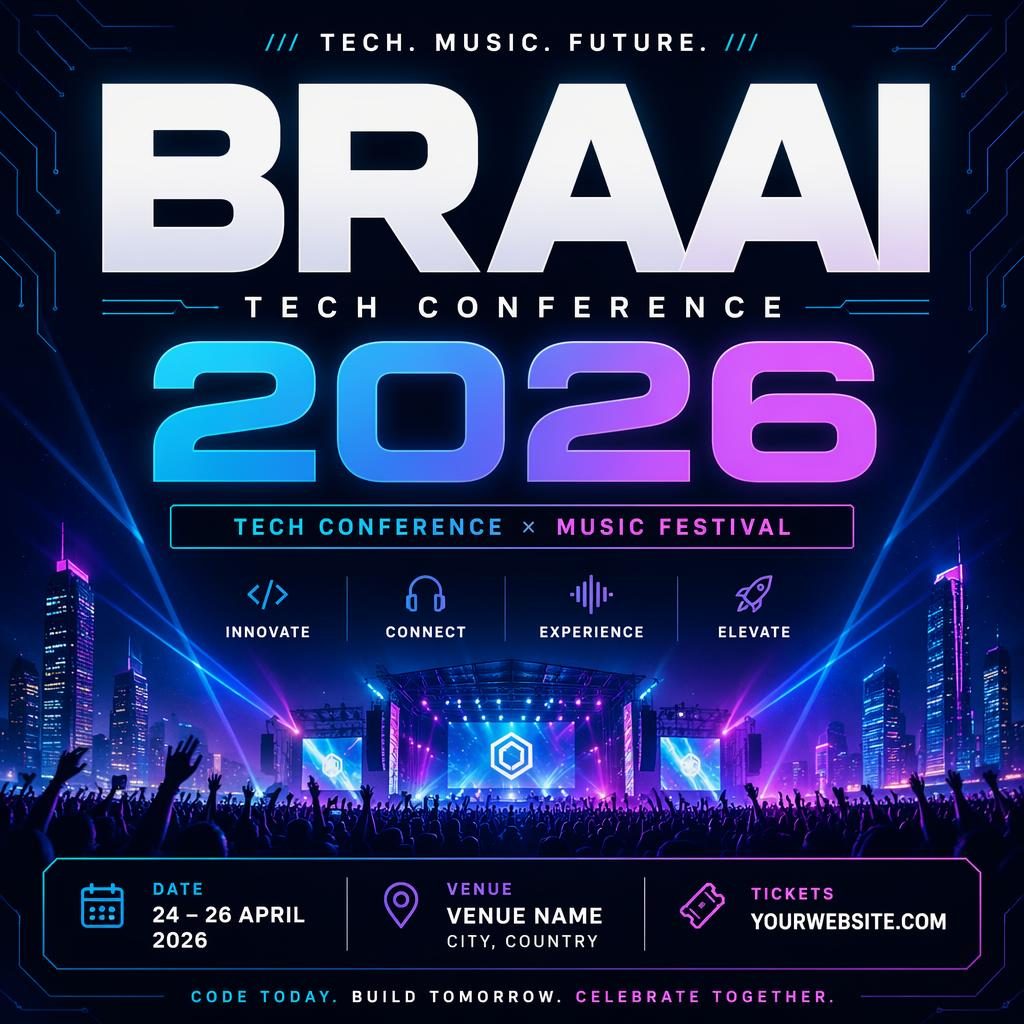 AI event poster for Tech Conference 2026 with bold typography, cool neon colors, and clean date and venue placeholders.