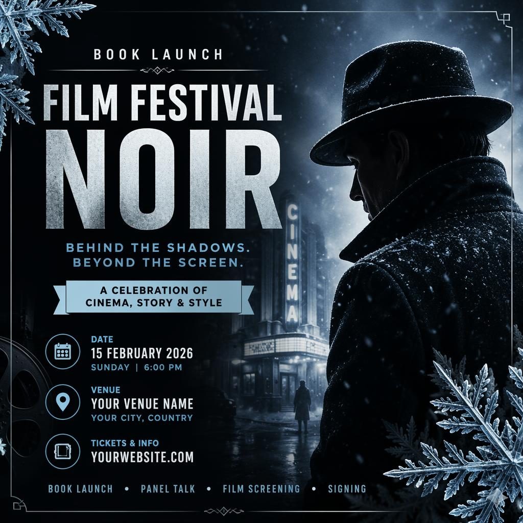 Fotografisches Eventposter im Film-Noir-Stil mit winterlicher Eisfarbpalette, festlicher Stimmung und klaren englischen Platzhaltern.