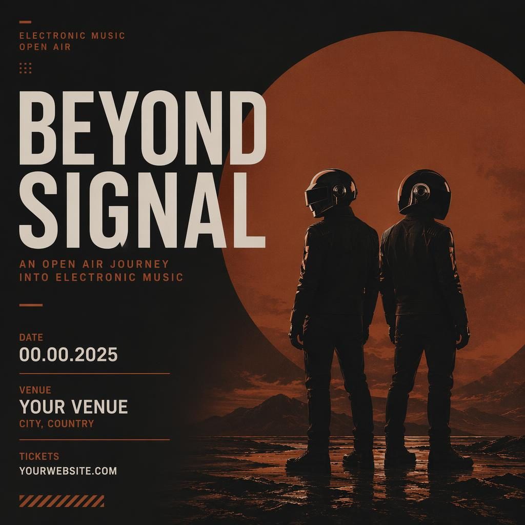 Minimalist Swiss-style dark event poster for an electronic music open air, with rust autumn tones and clean venue text.