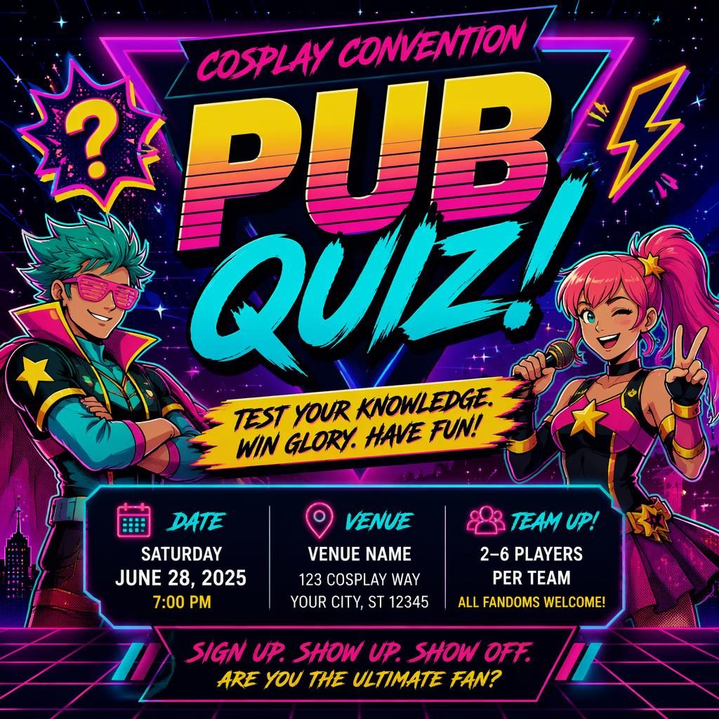 Retro 1980s neon event poster for a cosplay convention business workshop with bold colors and sharp English placeholder text.
