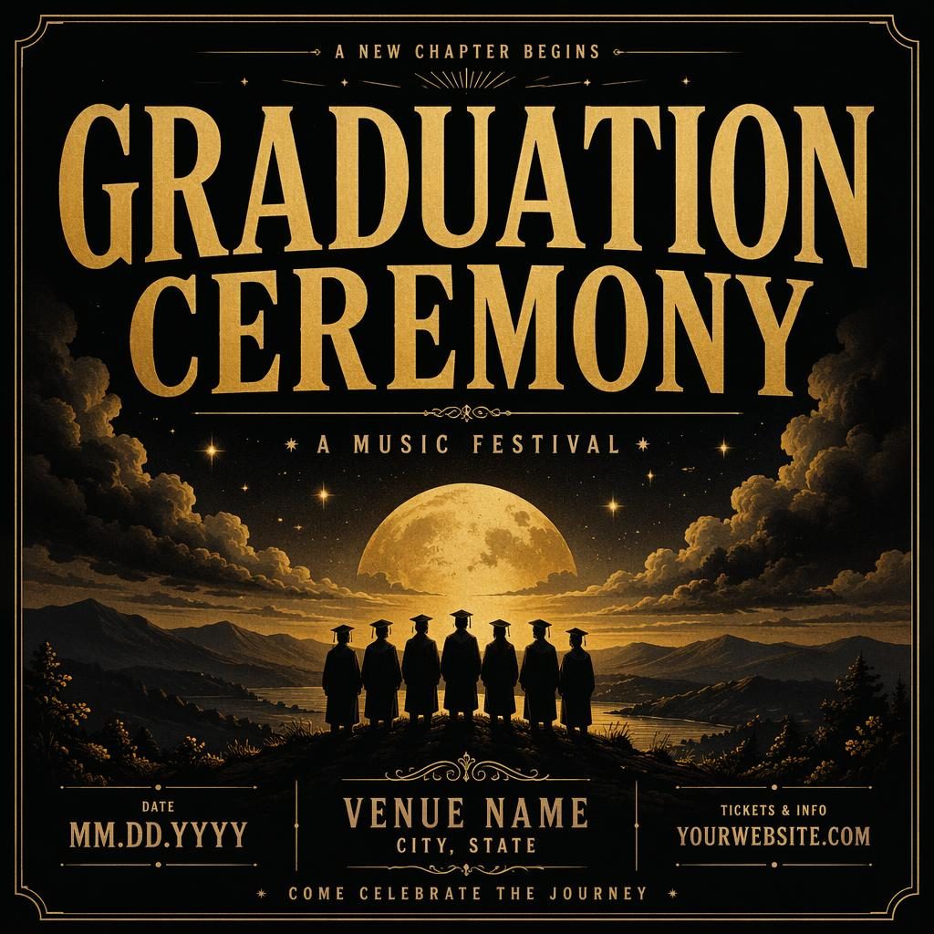 Black and gold graduation ceremony music festival poster with bold typography, dreamy romantic mood, and readable date venue placeholders.