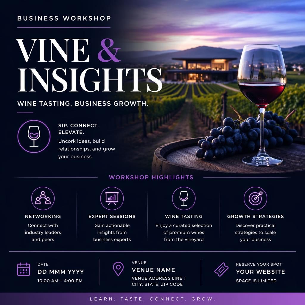 Photographic event poster of a vineyard wine tasting business workshop with cool neon overlay and clean placeholder text.