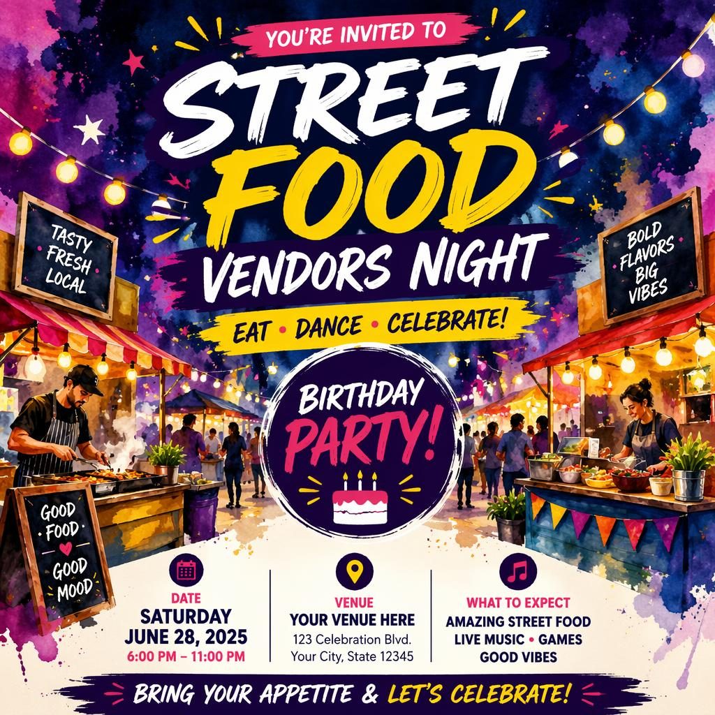 Watercolor event poster for Street Food Vendors Night with festive party mood, bold colors, and clean date and venue placeholders.