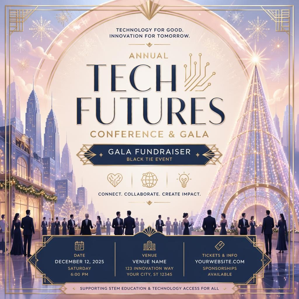 Art deco luxury event poster for a black-tie gala fundraiser with pastel tones, festive lights, and sharp venue text.
