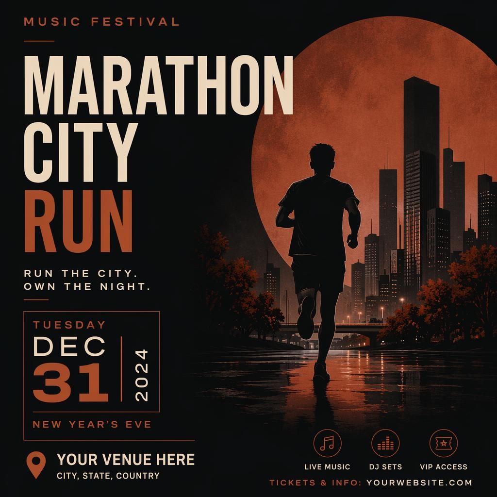 Minimalist Swiss-style event poster for Marathon City Run with dark autumn rust tones and clean English placeholder text.