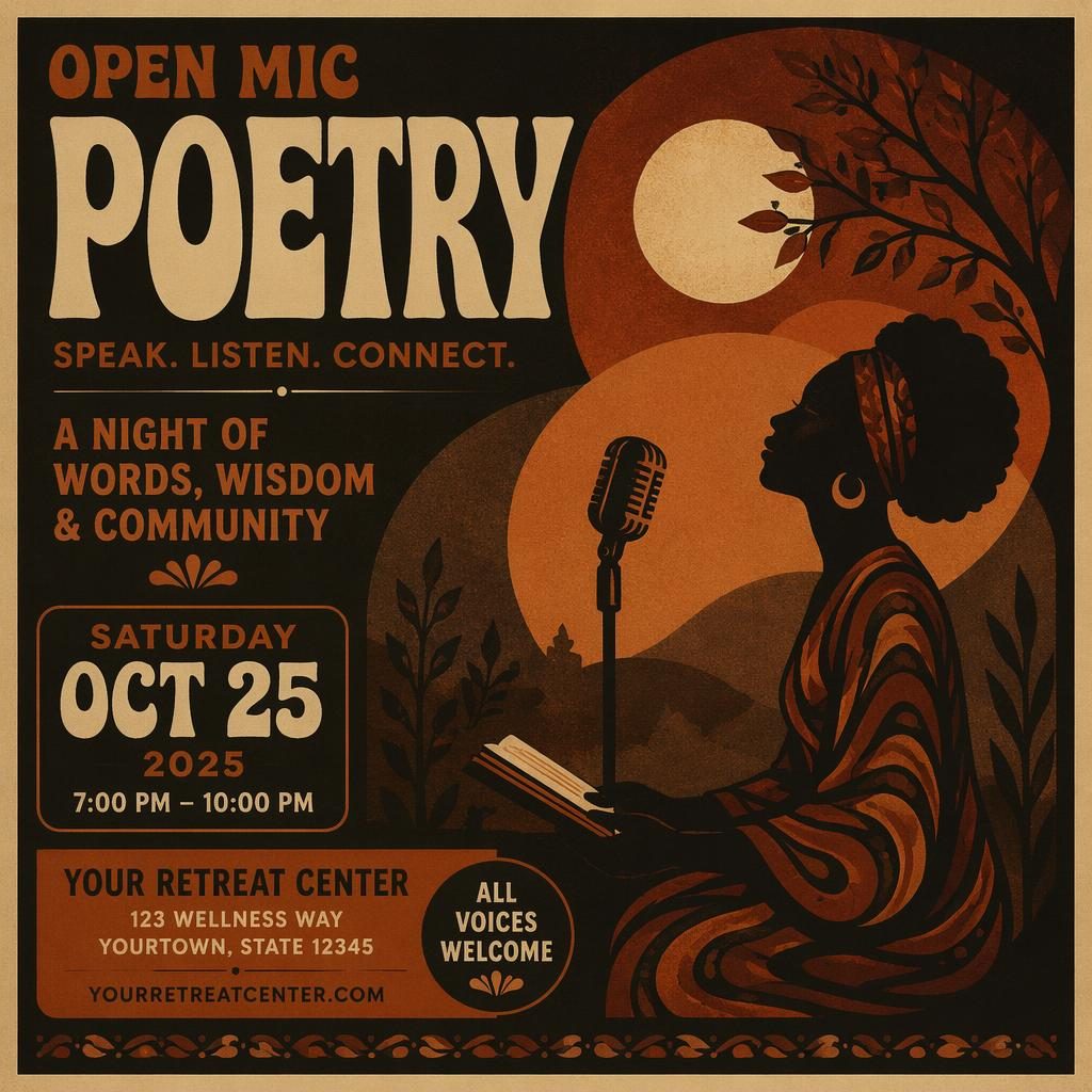 Vintage 1960s-style open mic poetry event poster with dark autumn rust tones and sharp placeholder date and venue text