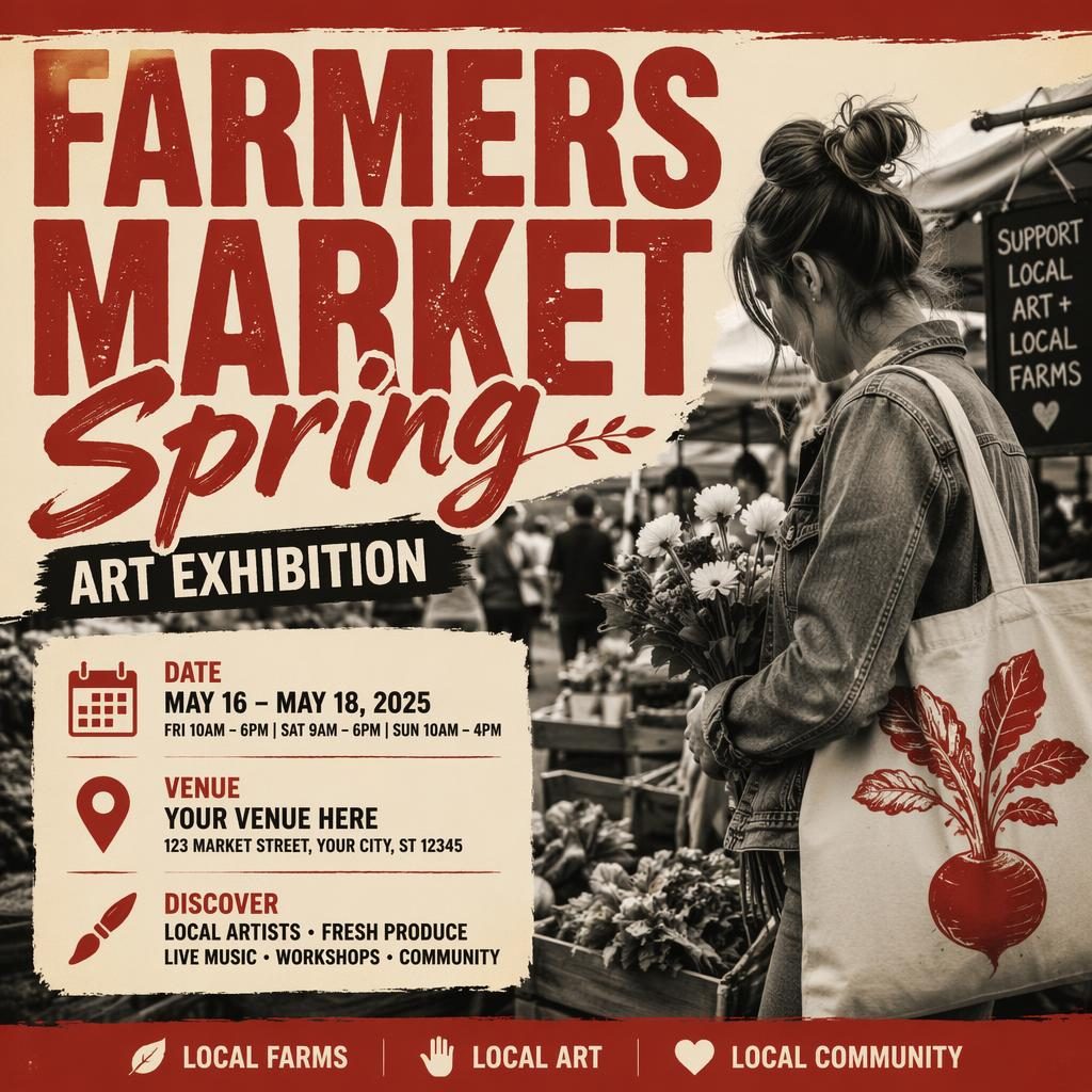 Photographic event poster for a spring farmers market art exhibition in vintage cream and red, with bold overlay text placeholders.