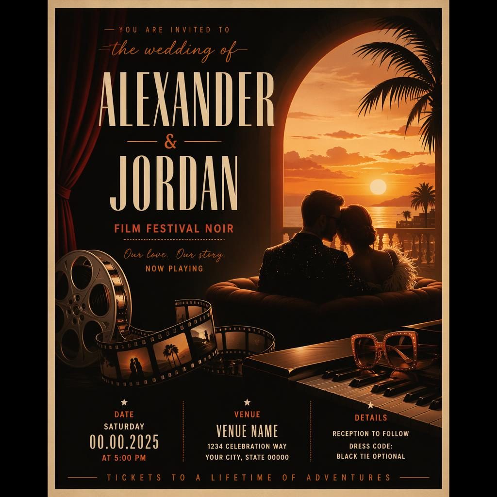 Modern editorial wedding event poster with film festival noir styling, warm sunset tones, cozy intimate mood, and clean text placeholders.