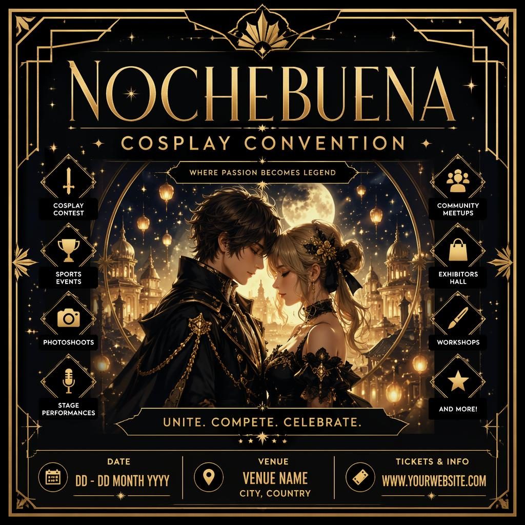 Póster de convención cosplay estilo art déco en negro y dorado, con texto de evento, fecha y recinto en inglés.