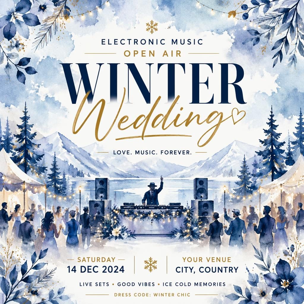 Watercolor winter event poster for an electronic music open-air wedding with icy blue festive design and sharp placeholder text.