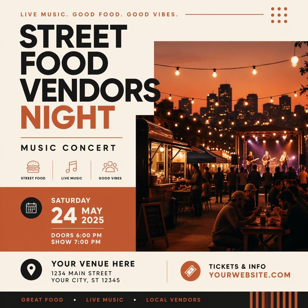 Minimalist Swiss-style concert flyer poster for Street Food Vendors Night with warm sunset colors and clean venue text.