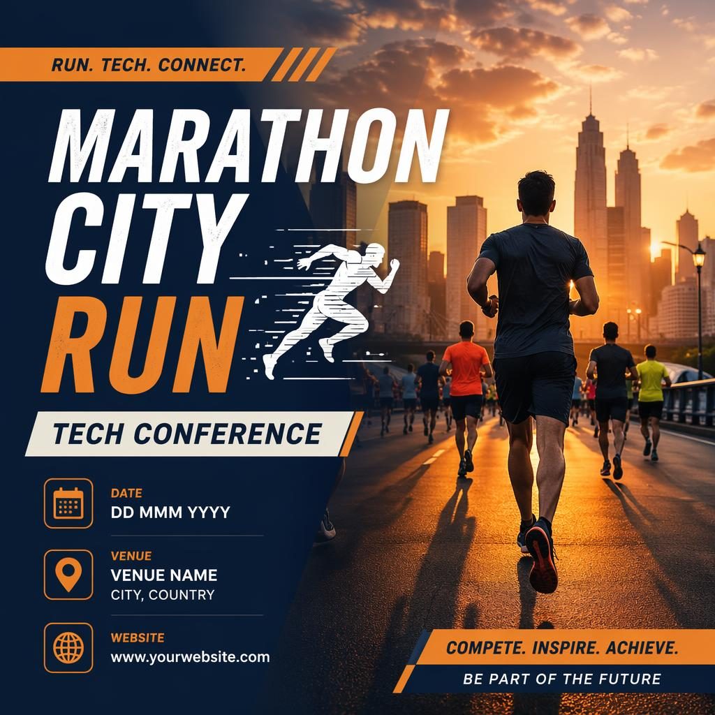 Photographic event poster of a city marathon run at sunset with warm tones, cozy overlay, and sharp English placeholder text.