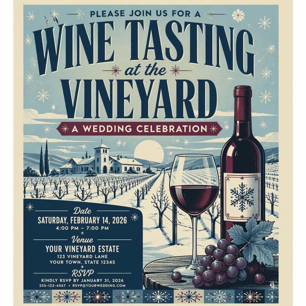 Vintage 1960s-style winter wedding poster for a vineyard wine tasting, with icy blue palette and clear event text placeholders.