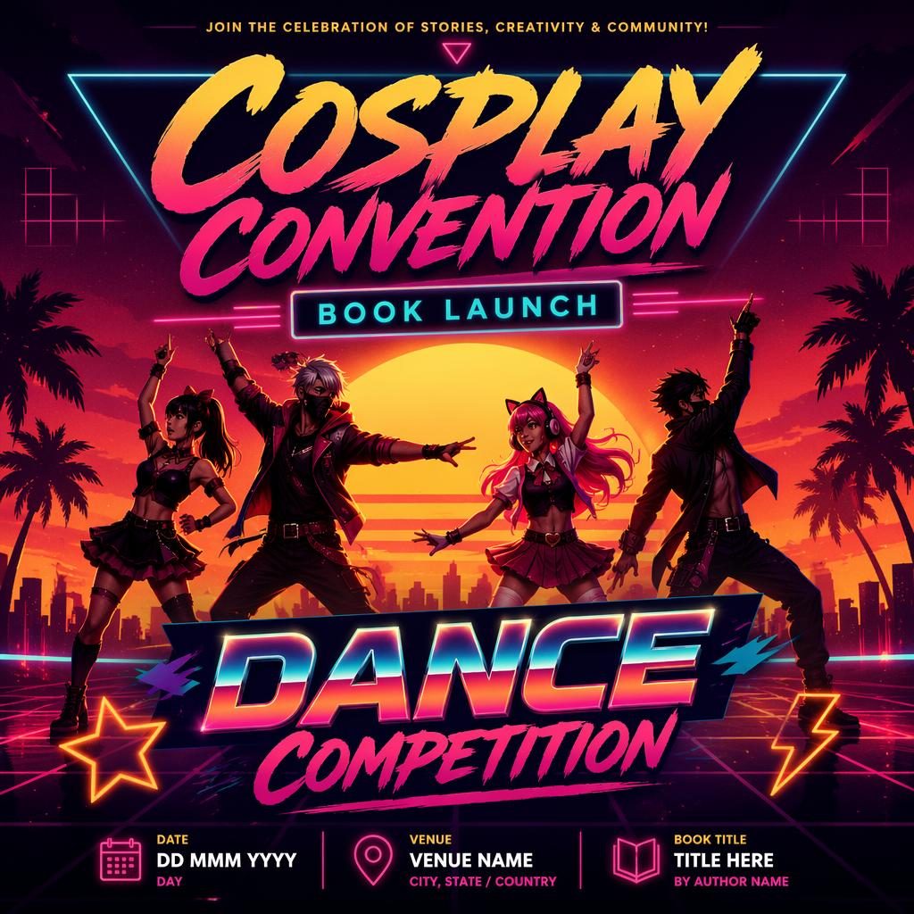 Retro 1980s neon event poster for a cosplay convention book launch with warm sunset colors and clean placeholder text.