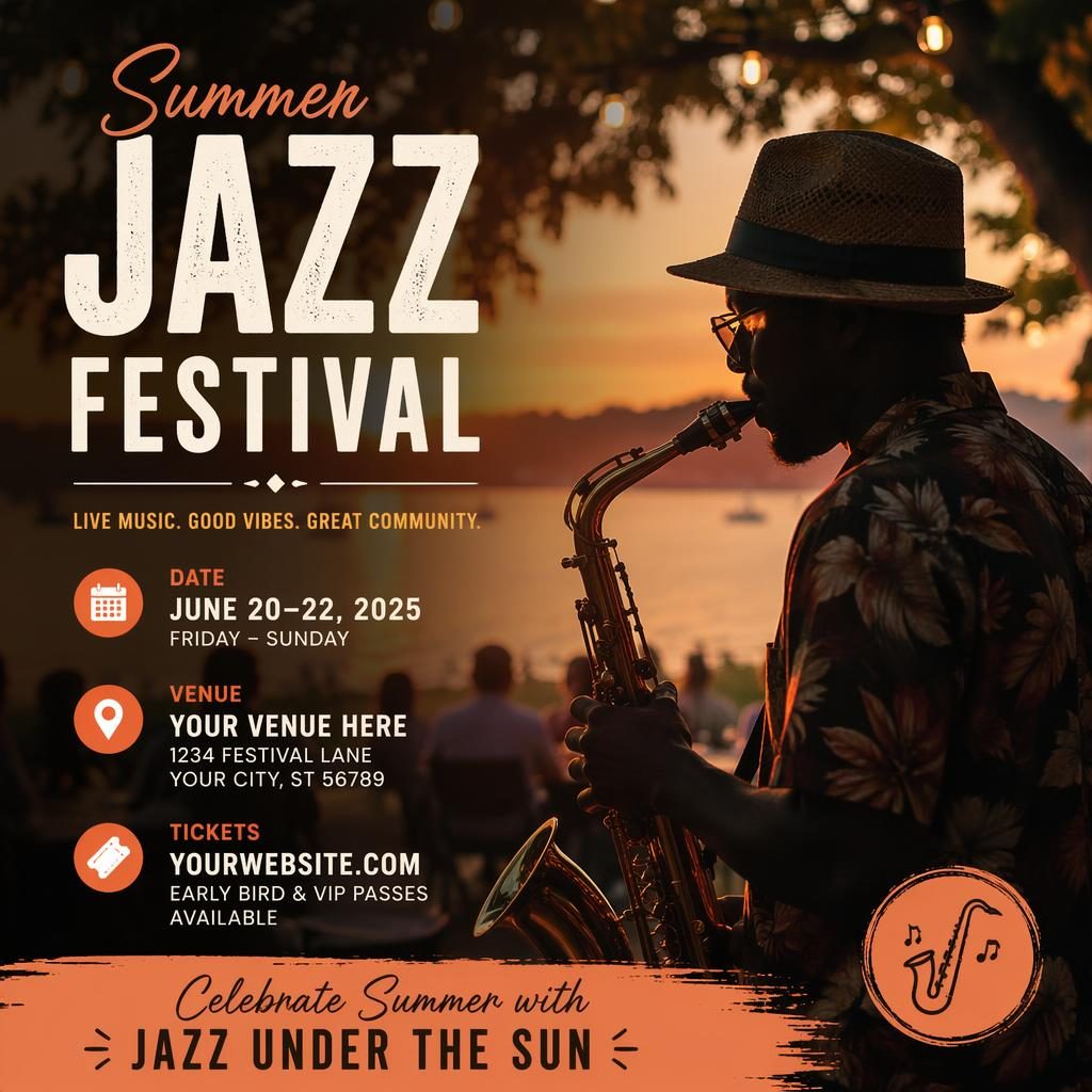 Photographic event poster for Jazz Festival Summer with warm sunset tones, cozy crowd scene, and clean placeholder date and venue text.