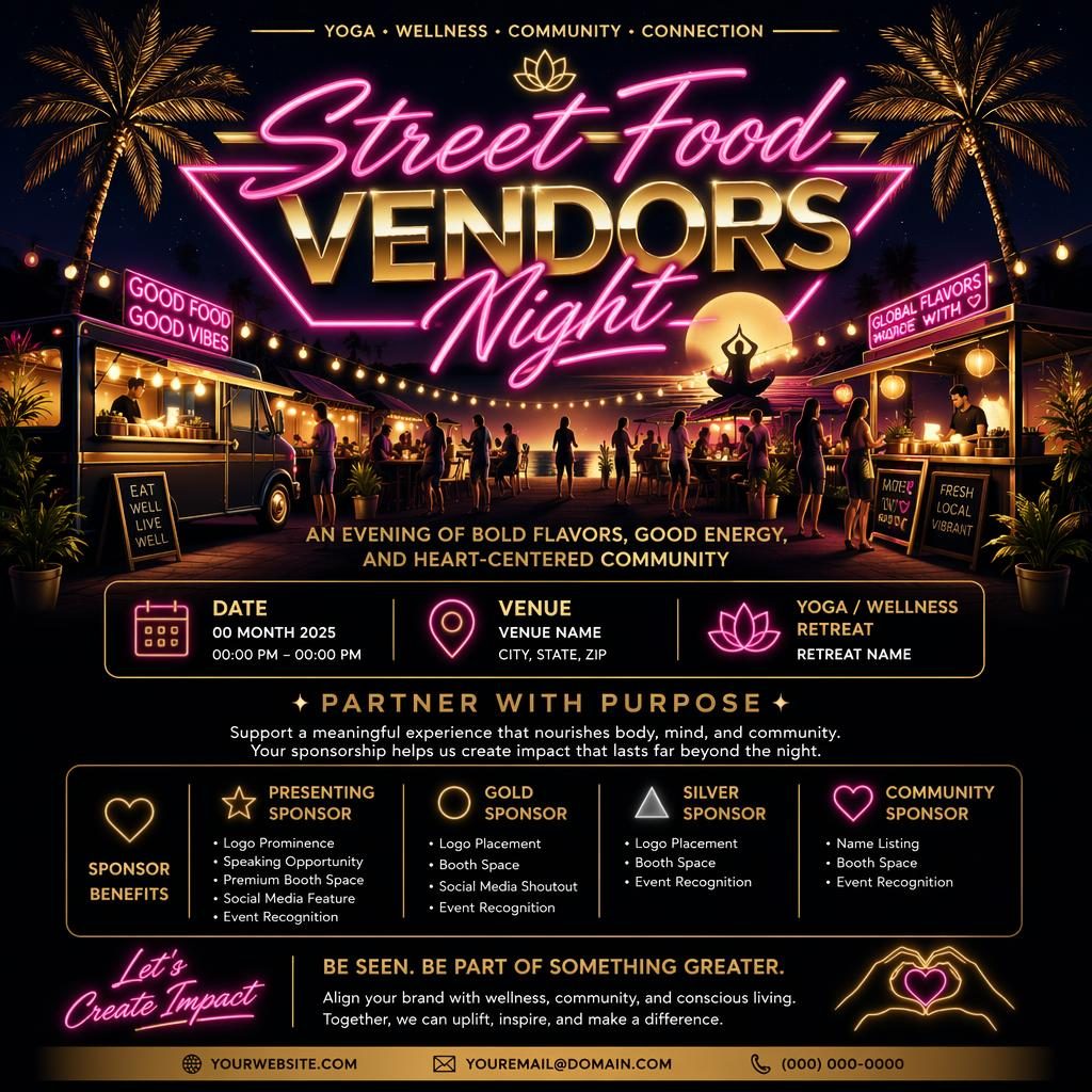 Retro 1980s neon event poster for a street food vendors night with dreamy black and gold design and clean placeholder text.