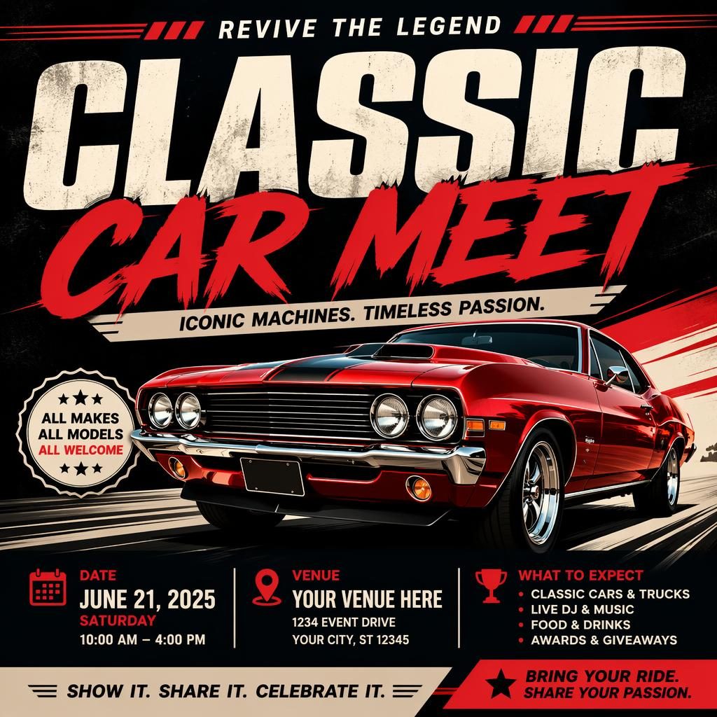 Bold event poster for a classic car meet with a vintage sports car, sharp placeholder text, and a high-contrast palette.
