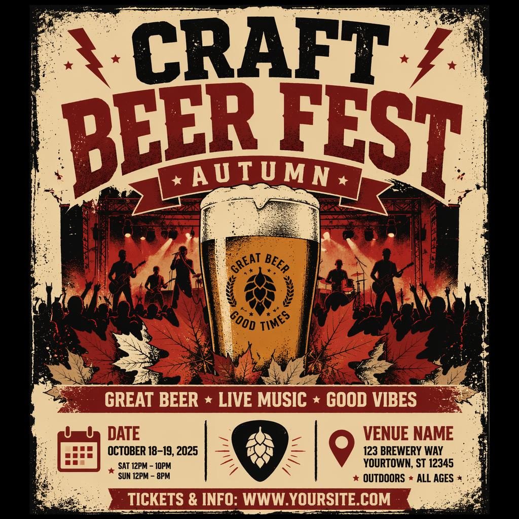 Grunge-style autumn craft beer fest event poster with vintage cream and red colors, bold concert layout, and sharp placeholder text.