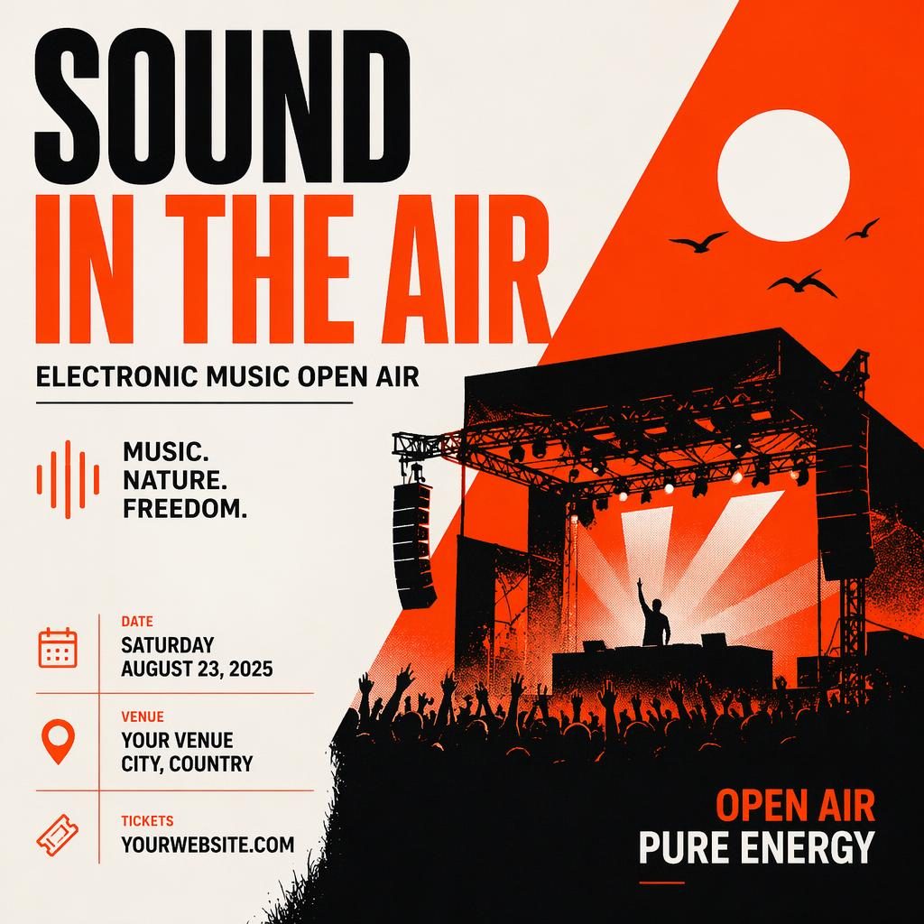 Minimalist Swiss-style event poster for an electronic music open air theatre play with bold high-contrast colors and clean placeholder text.