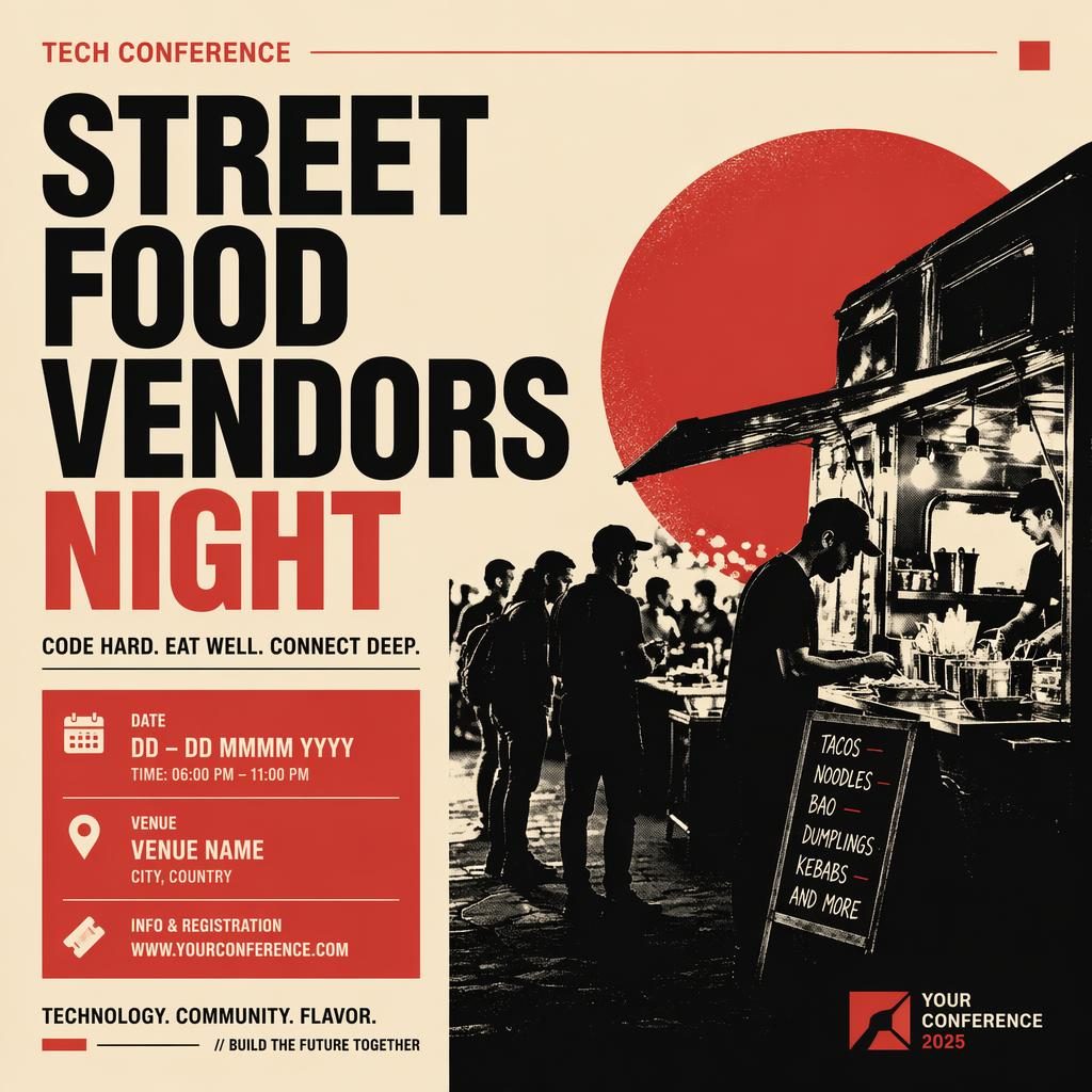 Minimalist Swiss event poster for a tech conference street food vendors night in cream and red with bold readable text.
