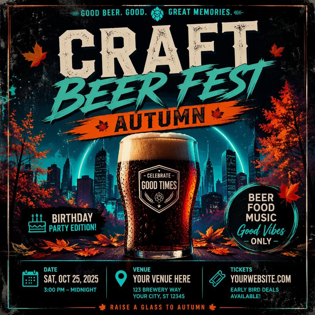 Grunge-style event poster for Craft Beer Fest Autumn with neon colors, sharp placeholder text for name, date, and venue.