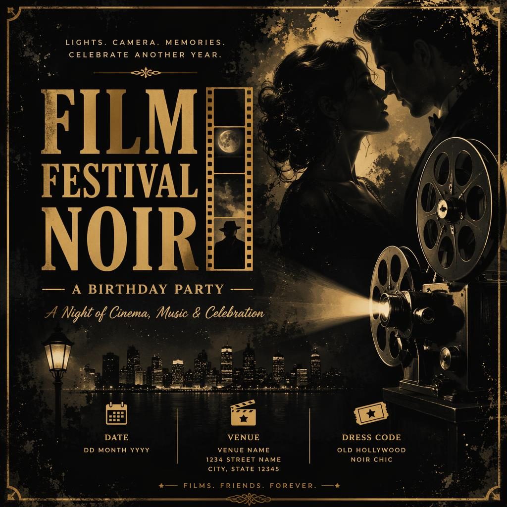 Black and gold noir event poster with grunge texture, dreamy romantic mood, and sharp venue, date, and title text