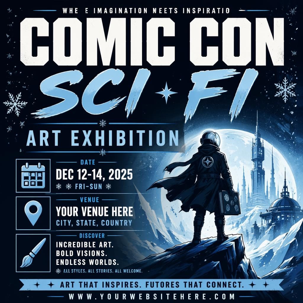 Sci-fi comic con art exhibition poster with bold typography, winter ice colors, festive mood, and clean date venue placeholders