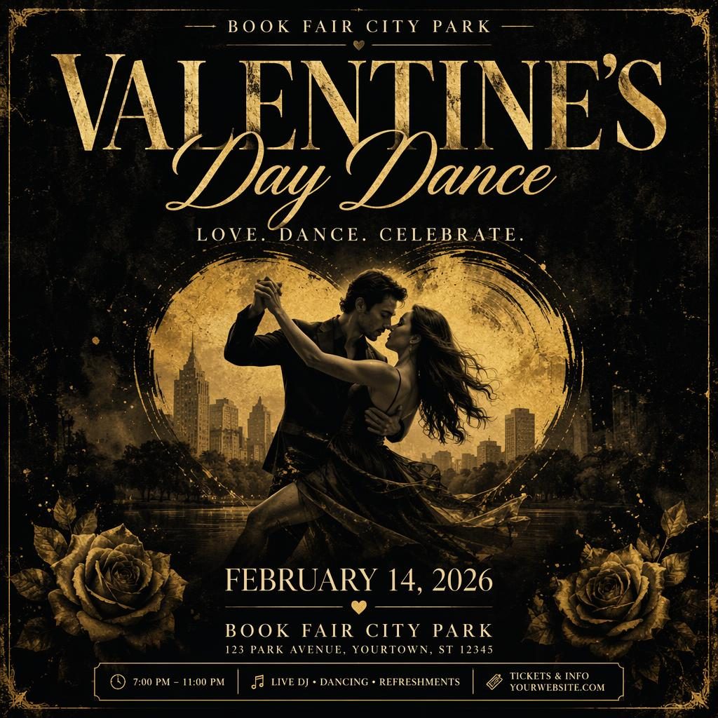 AI event poster for book fair city park with a romantic dreamy black and gold grunge design and clean placeholder text.