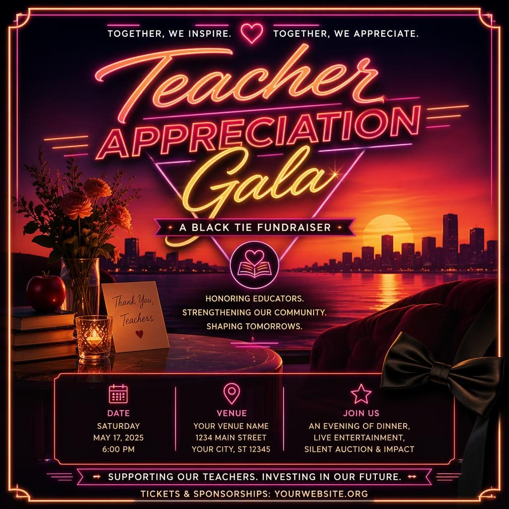 Retro 1980s neon gala fundraiser poster with black-tie theme, warm sunset colors, readable event name, date, and venue placeholders.
