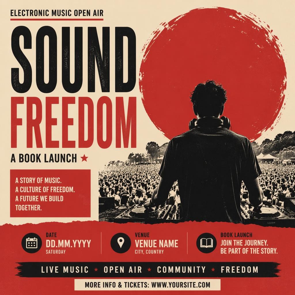 Modern editorial event poster for an electronic music open air book launch in cream and red with bold typography placeholders.