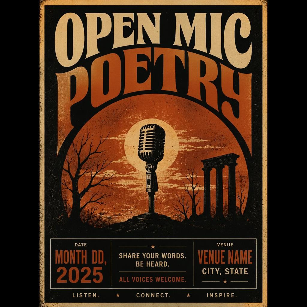 Vintage 1960s-style open mic poetry event poster with dark mysterious mood, rust autumn tones, and clean placeholder text