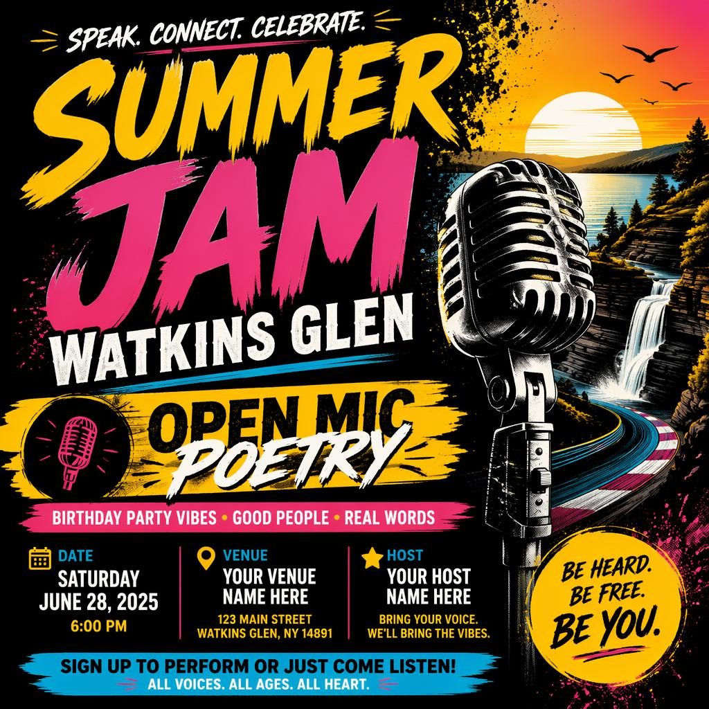 Bold event poster for an open mic poetry birthday party with high-contrast typography, energetic colors, and clear date and venue placeholders.