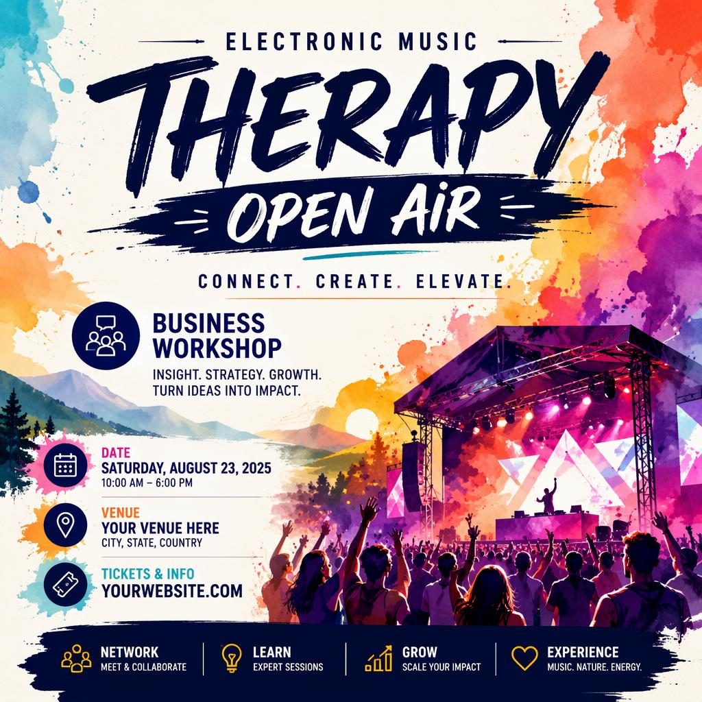 Watercolor event poster for an electronic music open air business workshop with bold festive colors and clean placeholder text.