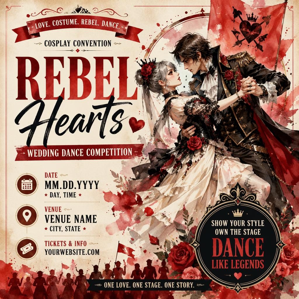 Watercolor event poster for a cosplay convention wedding with vintage cream and red palette, bold festive layout, and clear placeholders.