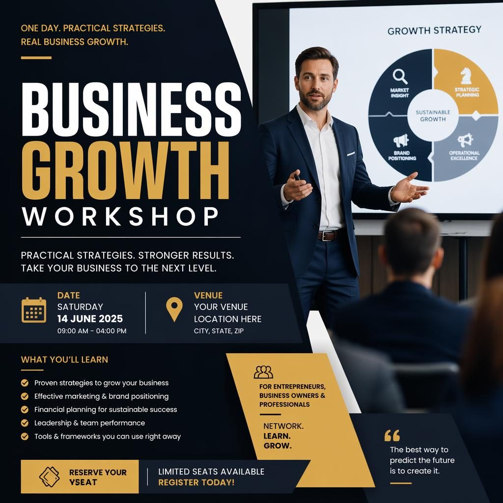 Modern eventposter för business workshop med flyer mockups, stark typografi, hög kontrast och professionell layout.