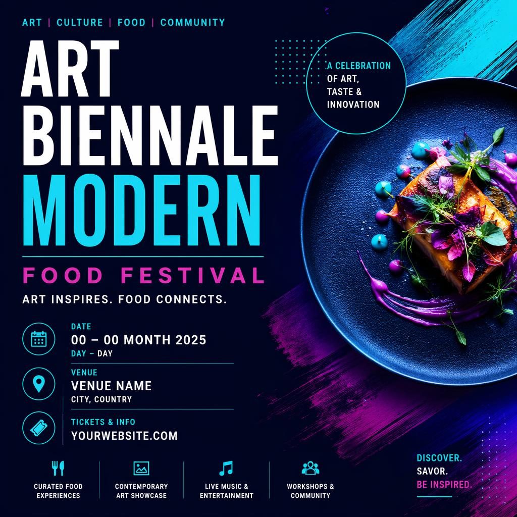 Modern food festival event poster with bold typography, cool neon palette, formal layout, and clean date and venue placeholders.