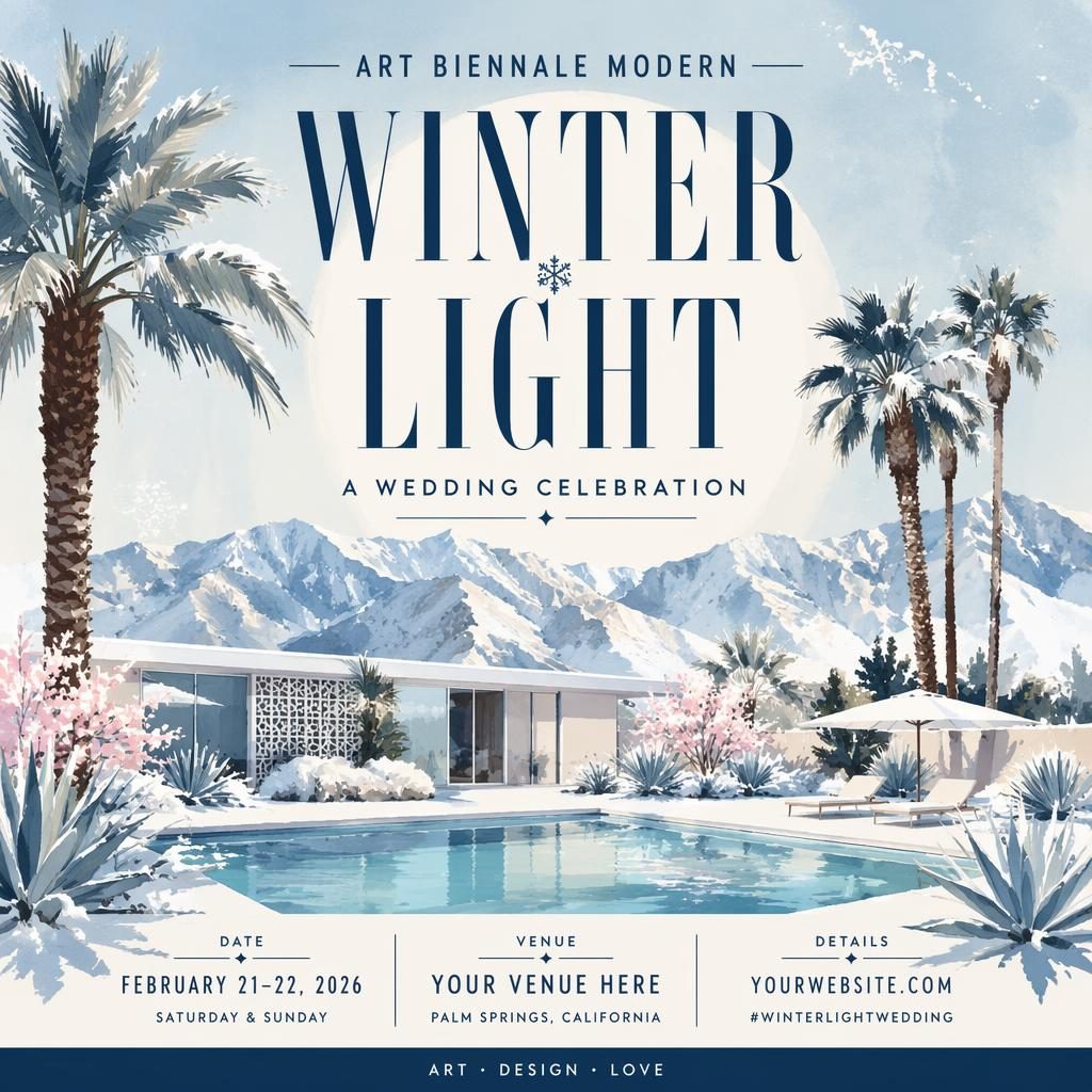 Modern wedding event poster in festive watercolor style with icy winter palette and clean English placeholder text for name, date, and venue.