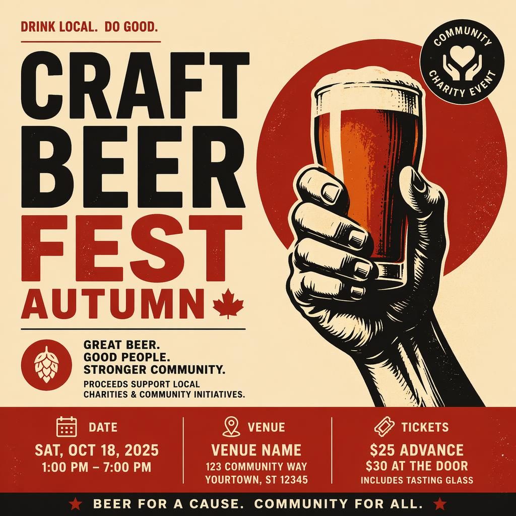 Minimalist Swiss-style autumn craft beer fest poster in cream and red with bold typography and clean date and venue placeholders.