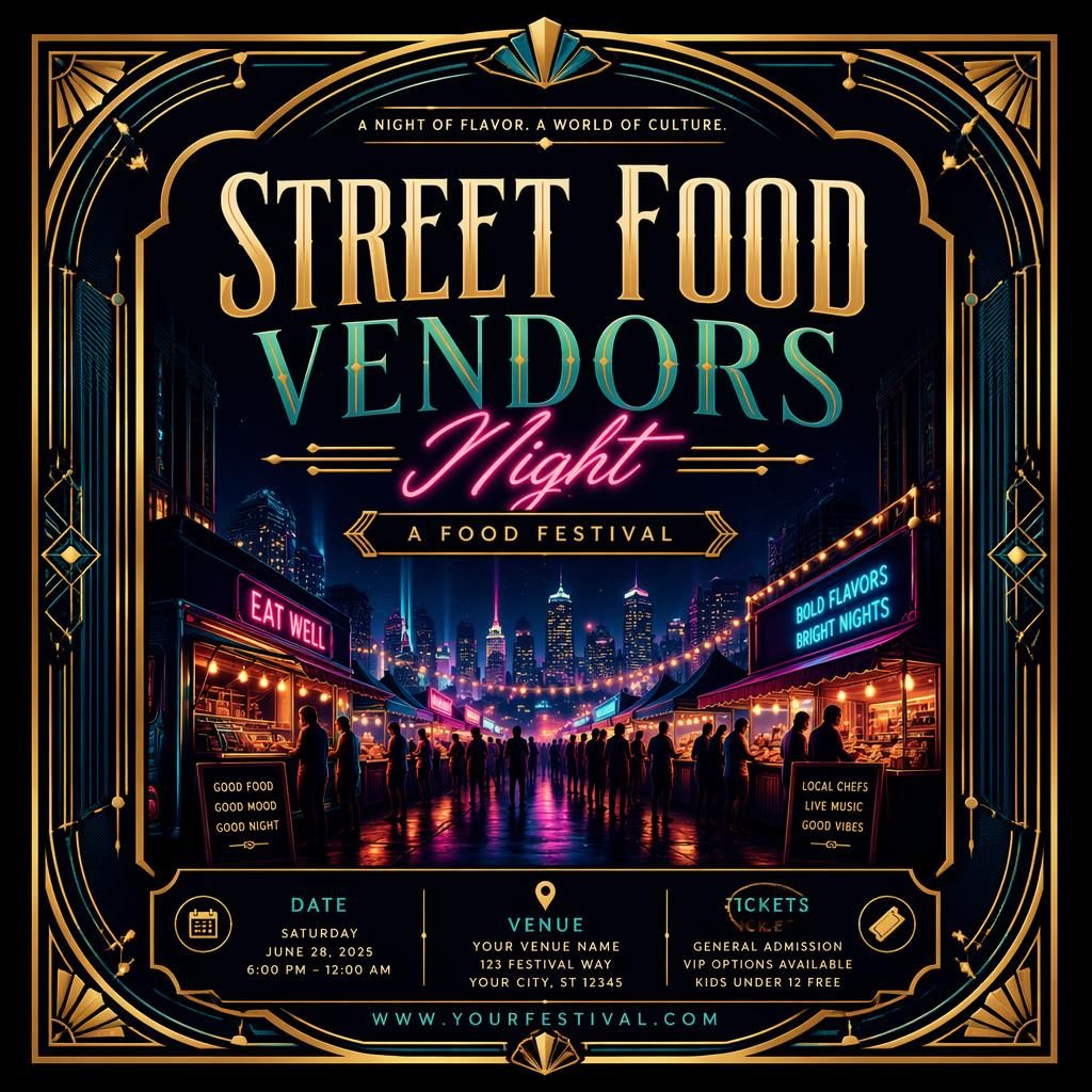 Art deco luxury event poster for Street Food Vendors Night with neon food stalls, formal typography, and date venue placeholders