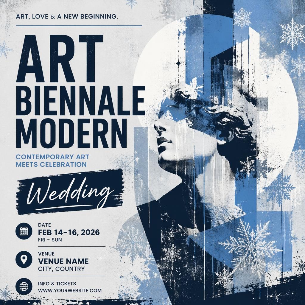 Modern wedding event poster in grunge band style with winter ice colors and clean placeholder text for name, date, venue