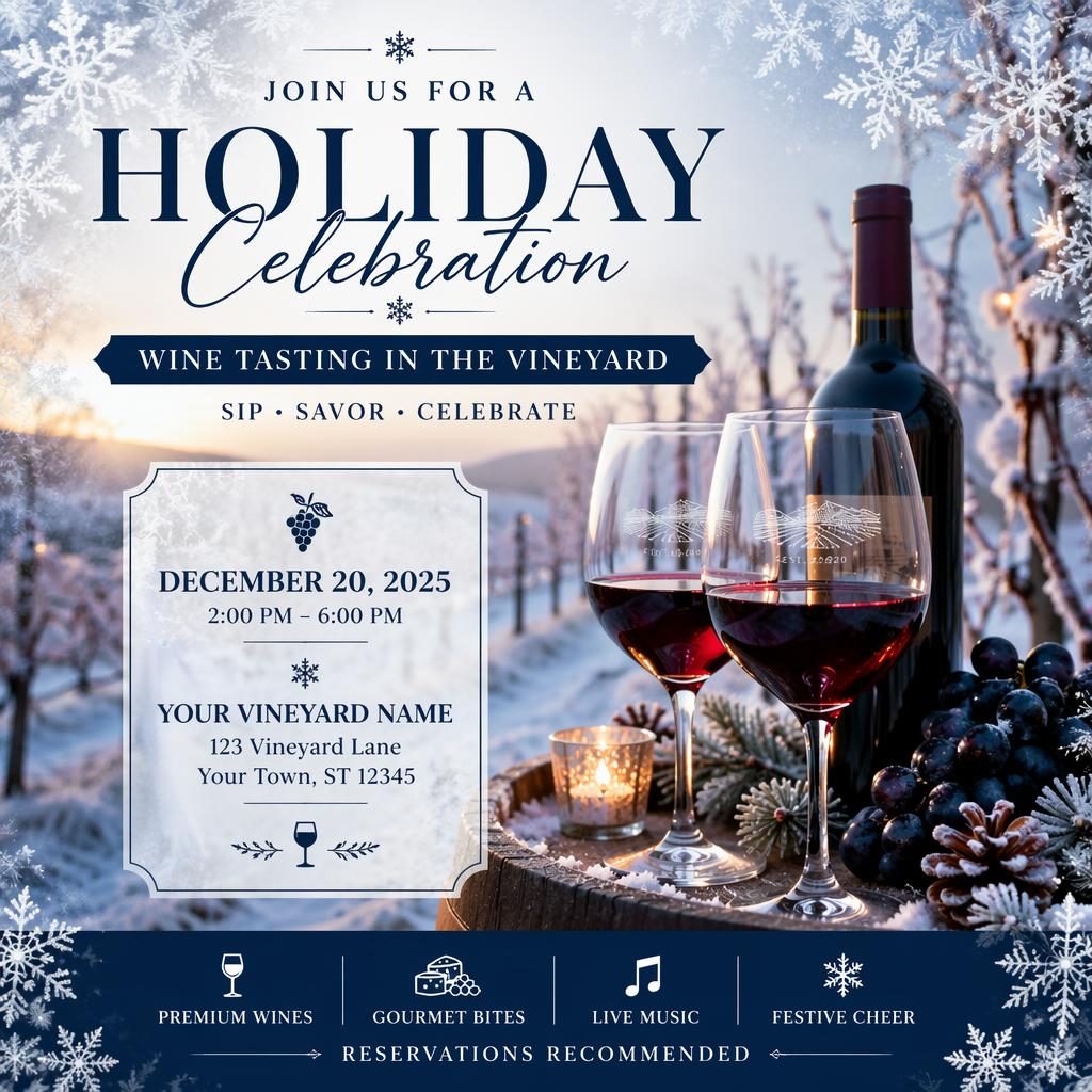 Photographic event poster of a holiday wine tasting in a vineyard with festive winter ice tones and clean text overlay.